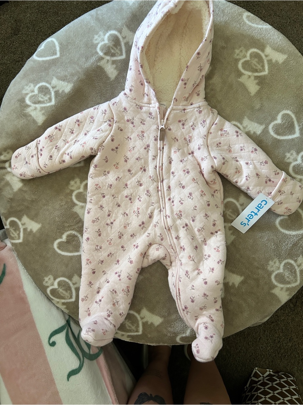 Carter's Light Pink Quilted Hooded Floral Footed One-Piece